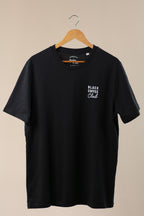 Black t-shirt with 'Black Coffee Club' text on a beige background