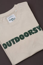 Beige t-shirt with 'OUTDOORSY' text in green on a dark background