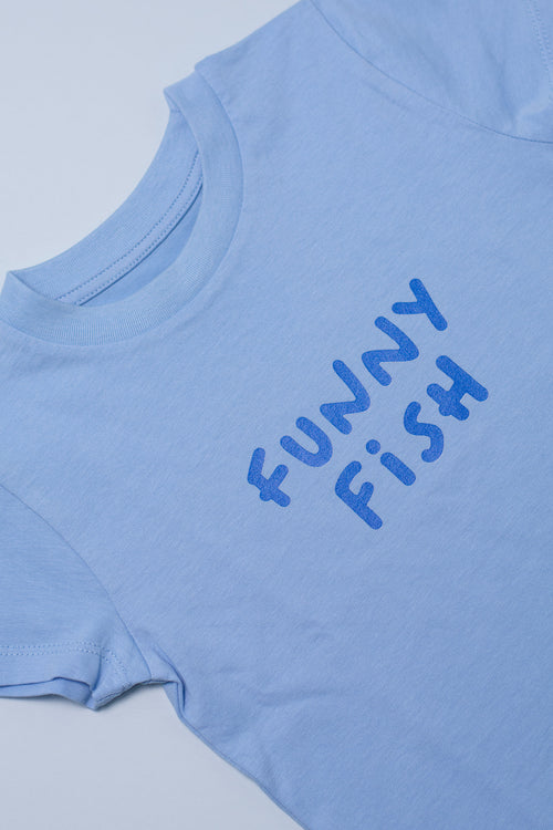 Light blue t-shirt with 'FUNNY FiSH' text on a light gray background