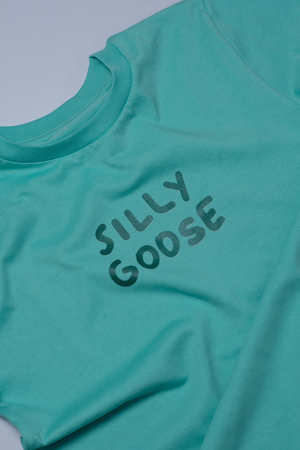 Teal t-shirt with 'SILLY GOOSE' text on a light gray background