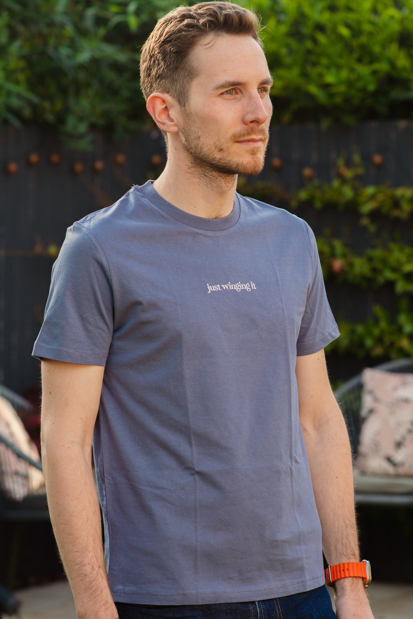Just Winging It – Embroidered Organic Cotton T-Shirt – Steel