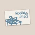 Sticker with 'Sophie & Ted' text and a decorative design on a beige background
