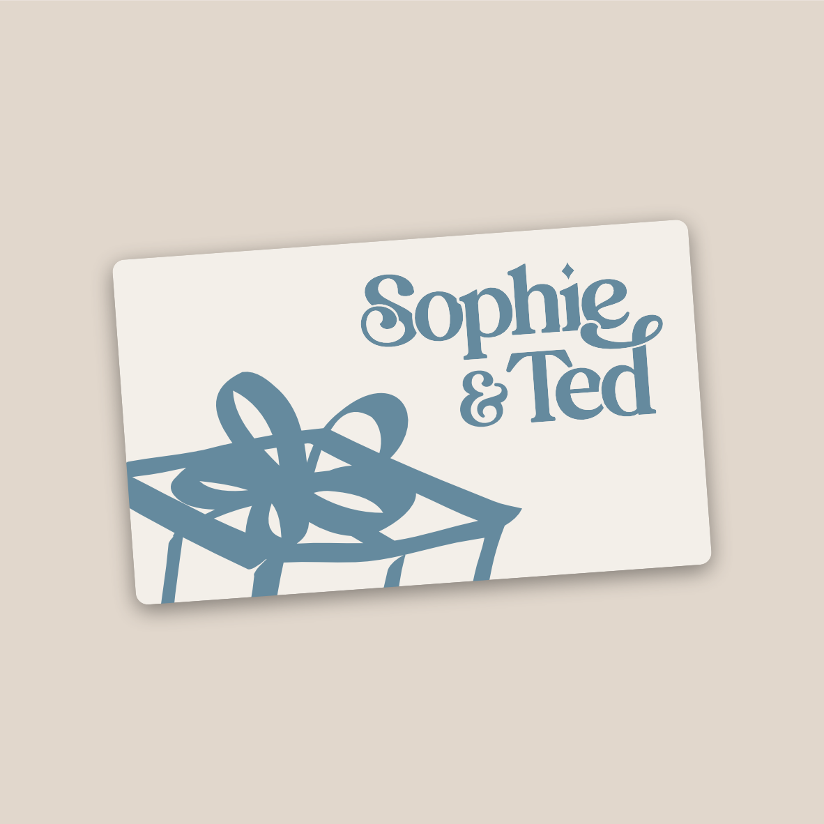 Sticker with 'Sophie & Ted' text and a decorative design on a beige background