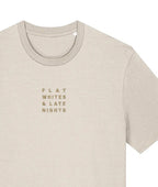 Beige t-shirt with text on a white background