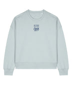 Light blue sweatshirt with text on a white background