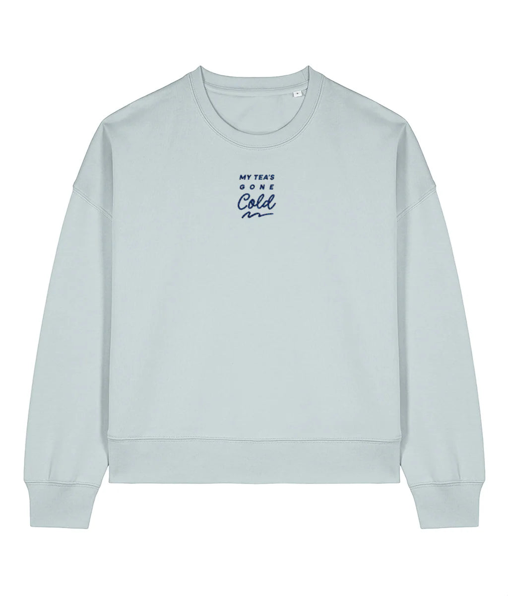 Light blue sweatshirt with text on a white background