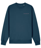 Navy blue sweatshirt with 'unravelled' embroidery on a white background