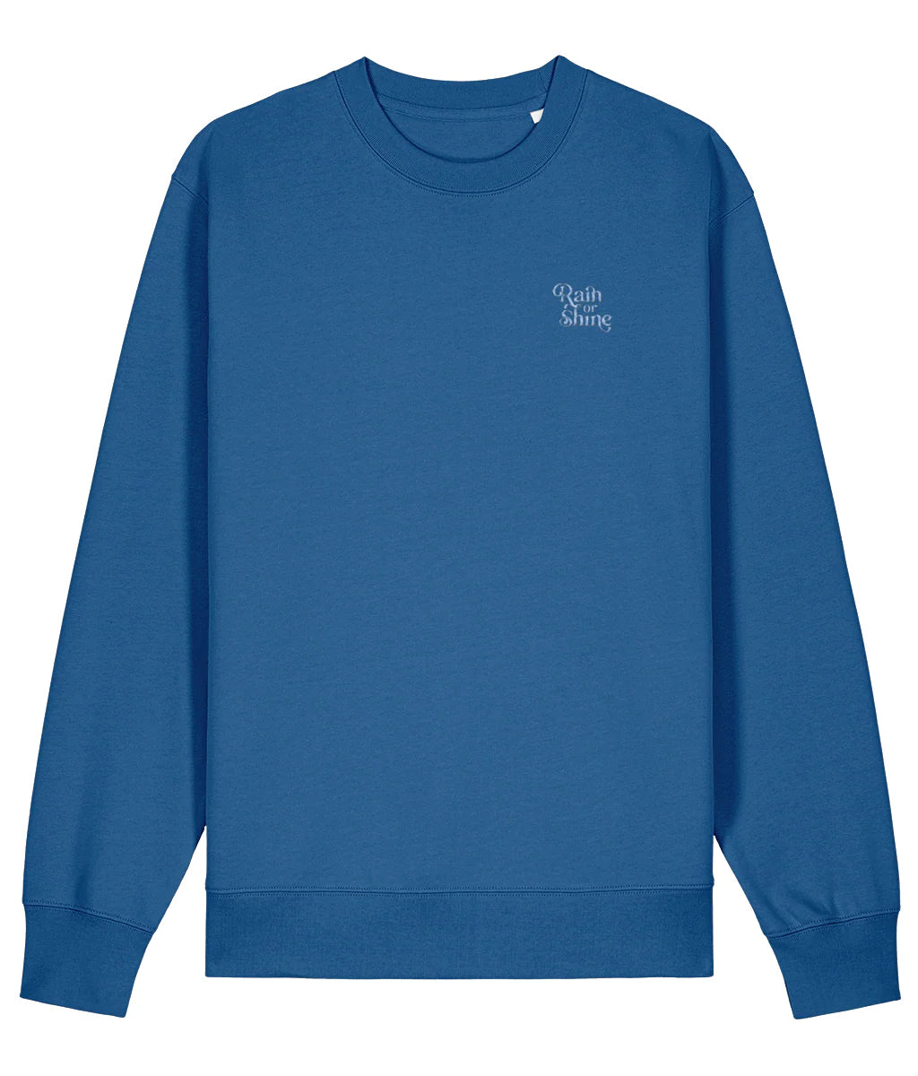 Blue sweatshirt with a small logo on the chest against a white background