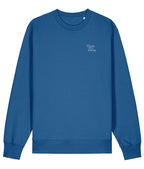 Blue sweatshirt with a small logo on the chest against a white background