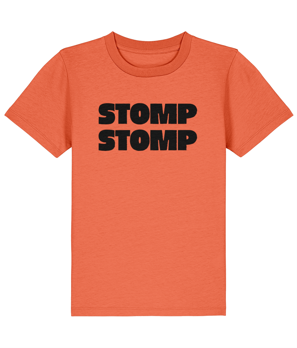 Orange t-shirt with 'STOMP STOMP' text on a white background