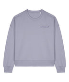 Light purple sweatshirt with text on a white background