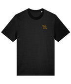 Black t-shirt with a small yellow logo on a white background