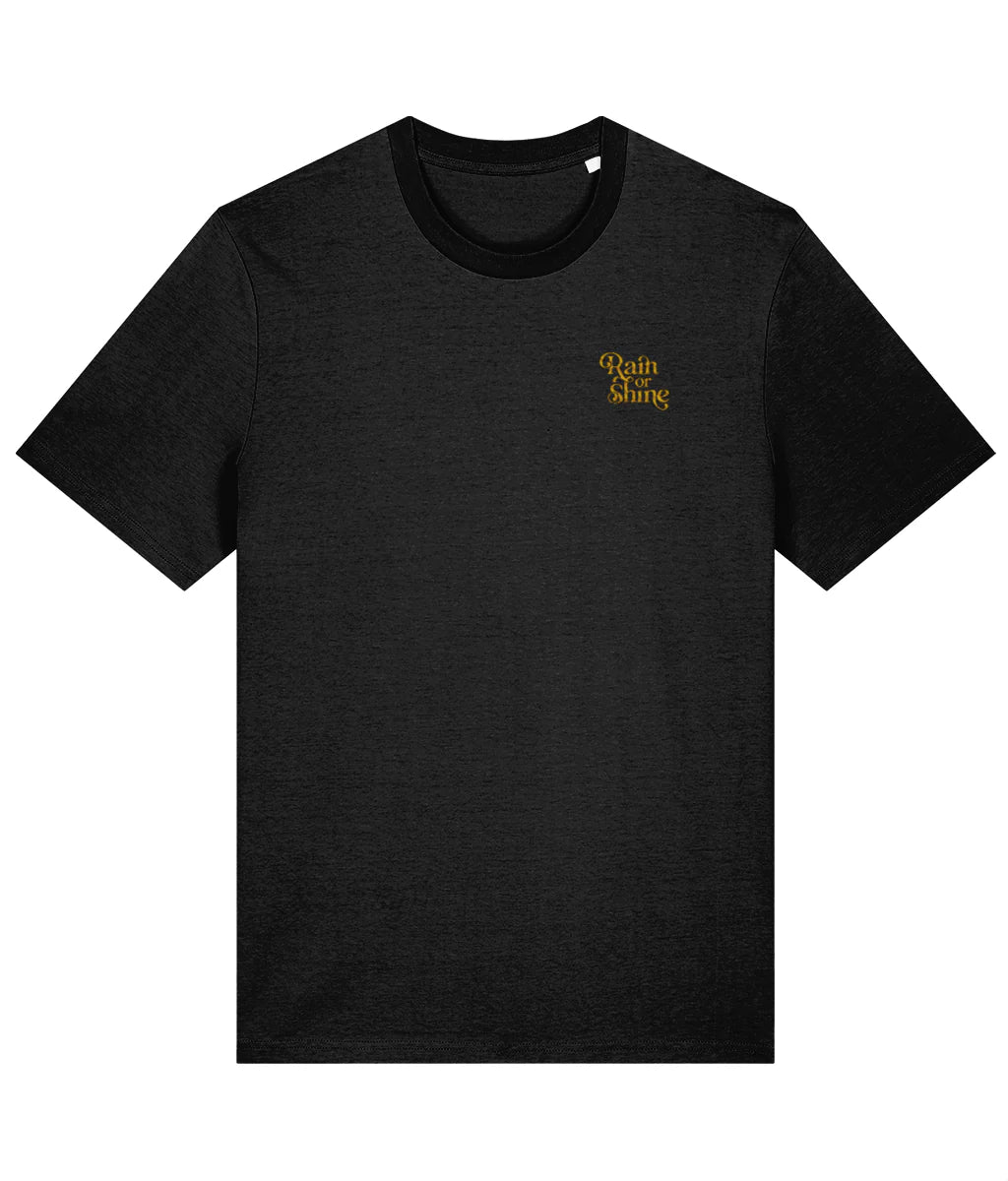 Black t-shirt with a small yellow logo on a white background