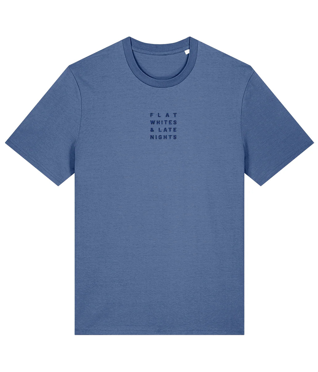 Blue t-shirt with text on a white background