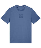 Blue t-shirt with text on a white background