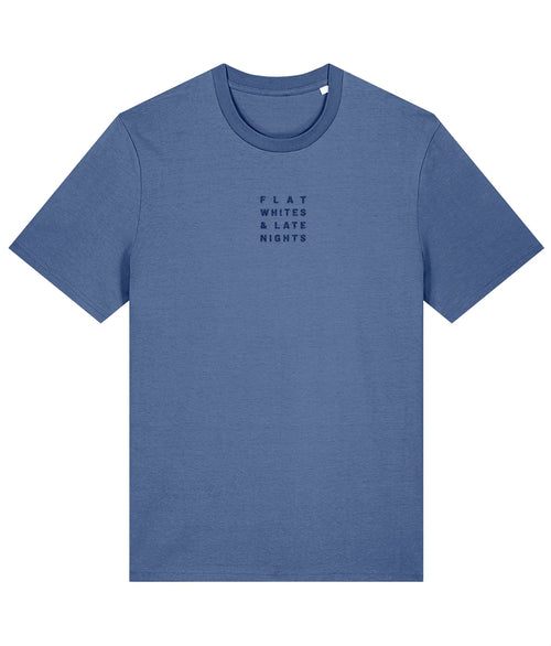 Blue t-shirt with text on a white background