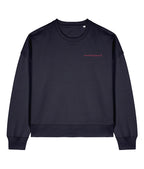 Black sweatshirt with red text on a white background