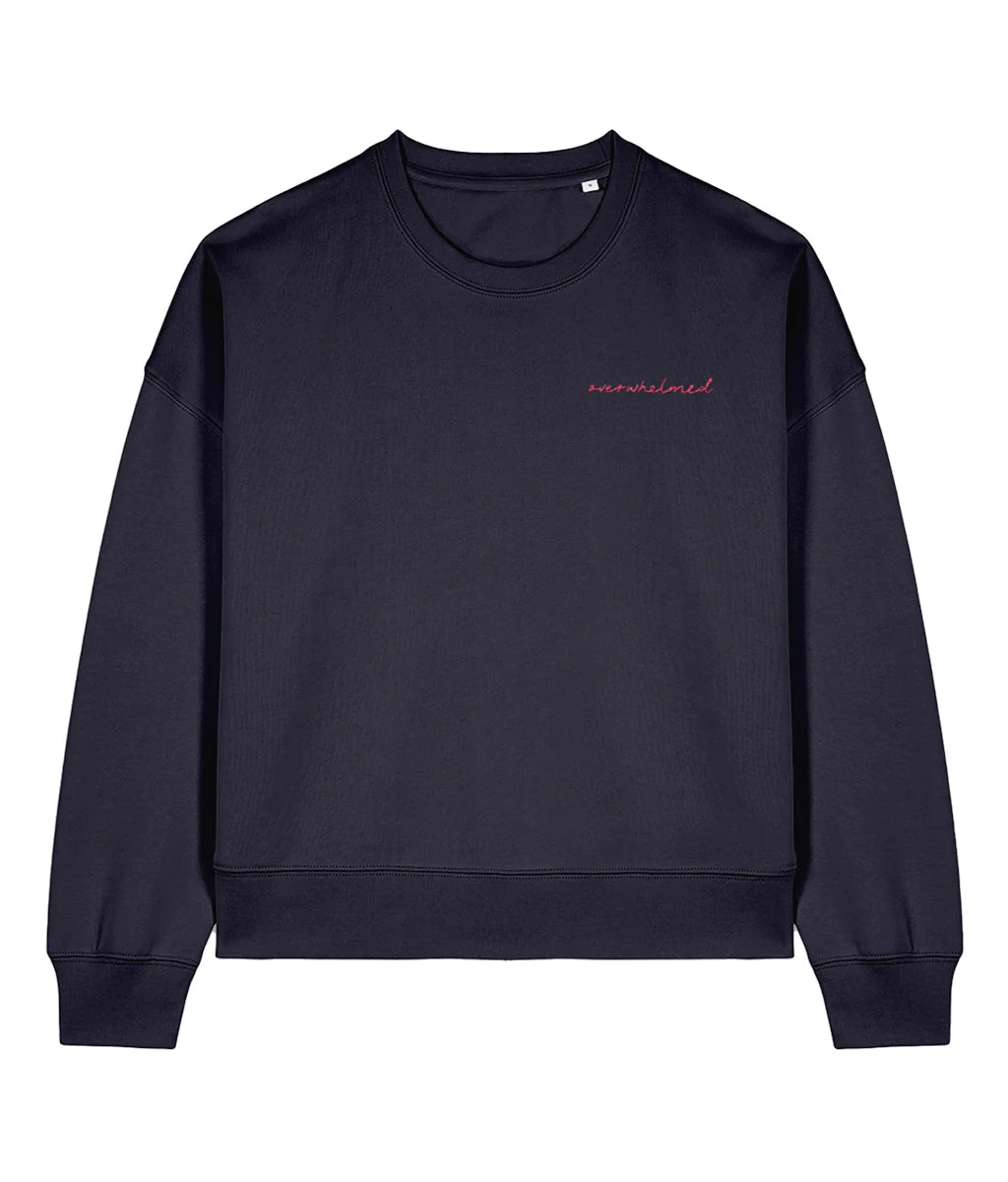 Black sweatshirt with red text on a white background
