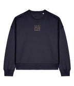 Navy blue sweatshirt with text on a white background