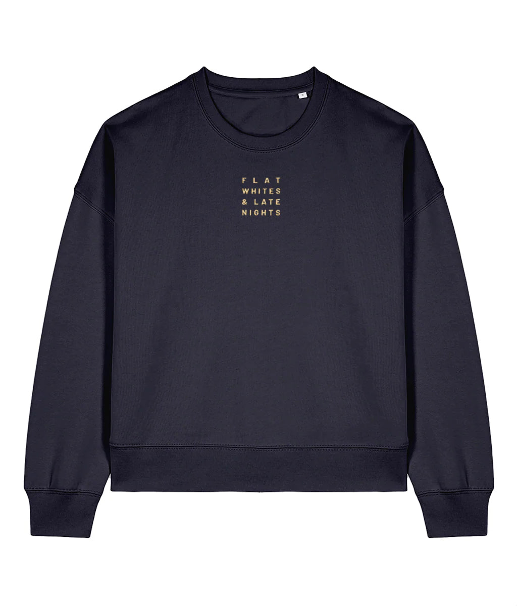 Navy blue sweatshirt with text on a white background
