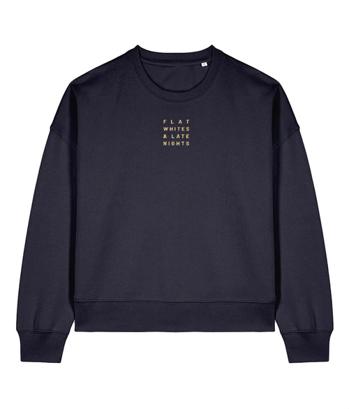 Navy blue sweatshirt with text on a white background