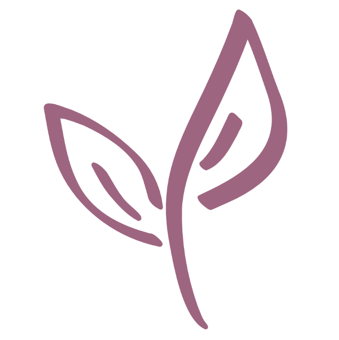 Simple icon of two stylized leaves in a light purple color on a white background