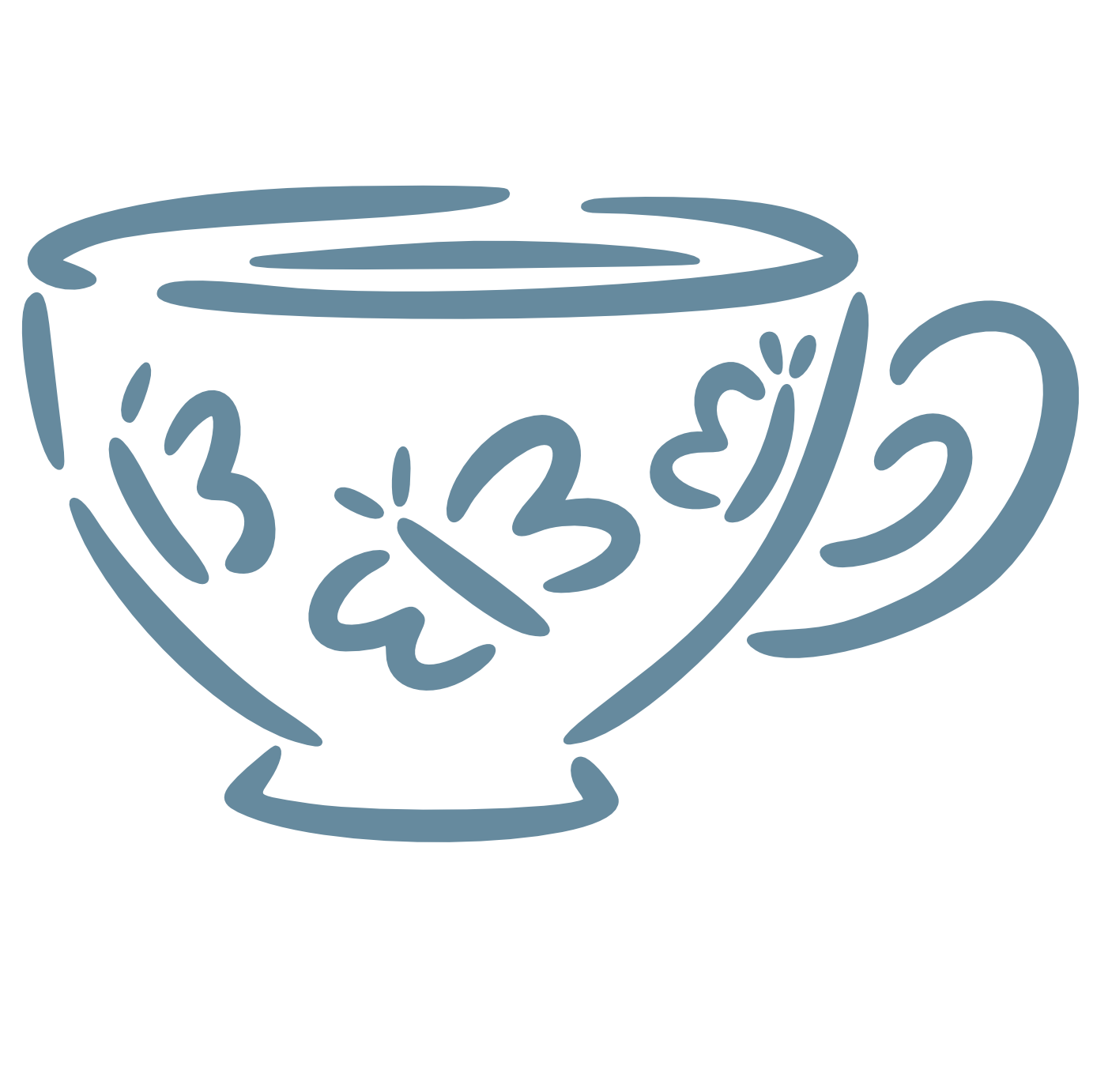 Outline of a teacup with decorative elements on a white background